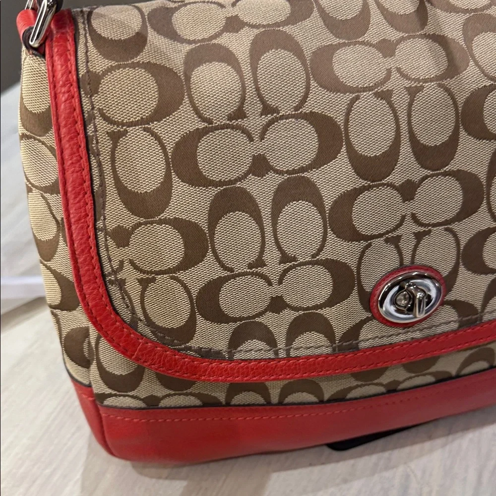 Coach Coral Red and Tan Signature Shoulder Bag